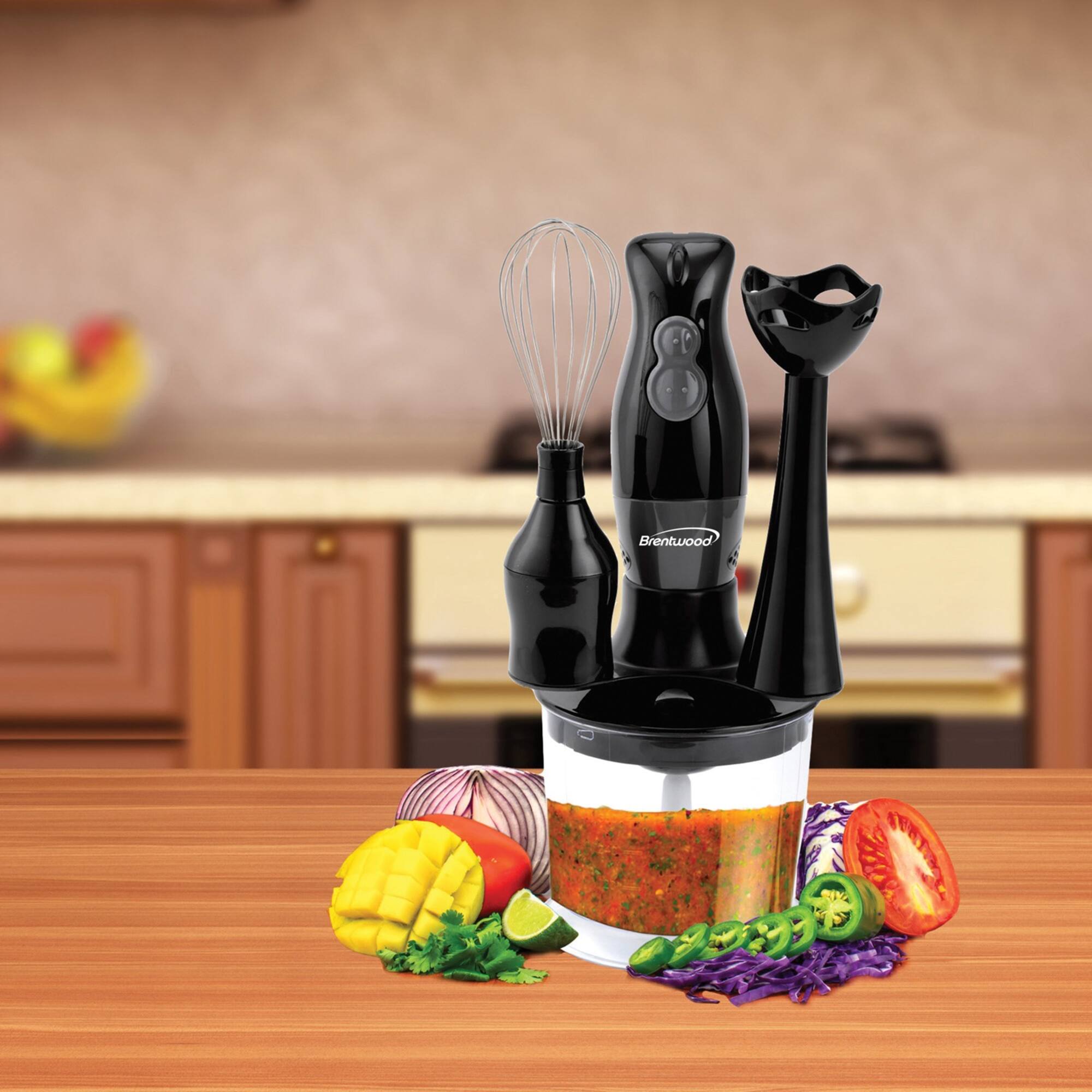 Brentwood Black 2-Speed Hand Blender & Food Processor with Balloon Whisk